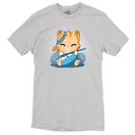 Crochet Kitty t-shirt TeeTurtle light gray t-shirt featuring an orange happy looking cat crocheting with two balls of blue yarn next to him